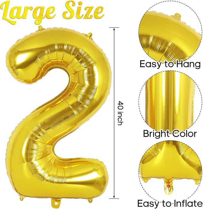 Gold Number 2 Balloon 40 Inch, Big Large Foil Helium Number Balloons, Jumbo Giant Mylar Number 2 Balloons for 2 Year Old Birthday Party Decorations Supplies Anniversary