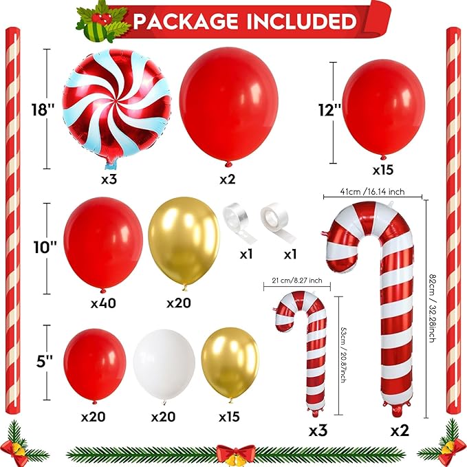 Christmas Balloon Garland Kit 142Pcs with Candy Cane Crutch Windmill Merry Christmas Foil Balloons Xmas Balloon Arch Red Gold White Balloons Decorations for Friendsmas Holiday New Year Party Supplies