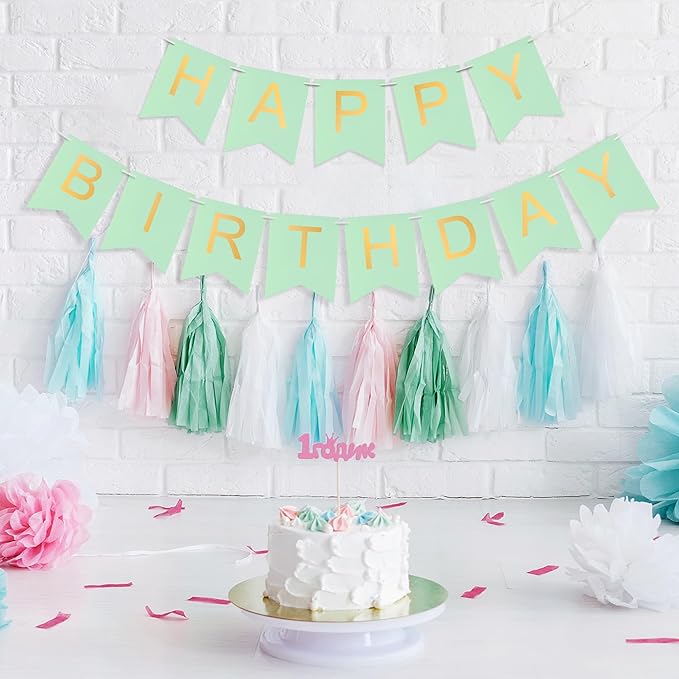 Green Happy Birthday Banner - Mint Green Hanging Backdrop Sign with Gold Letters, Happy Birthday Sign Bunting Decorations for Women men Kids Baby Shower Party Supplies (13pcs)