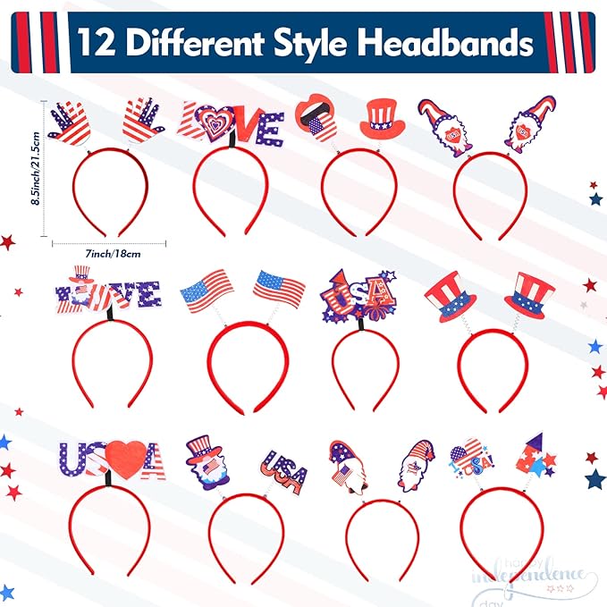 Retrowavy 24 Pcs 4th of July Party Favors Patriotic Accessories 12 Headbands and 12 Glasses Fourth of July Head Boppers American Flag Decorations for Independence Day Memorial Day Party Supplies