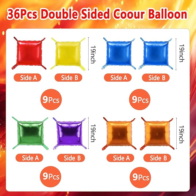 36 PCS Red Yellow Blue and Green Purple Orange Square Foil Balloon Wall, 19'' Double Sided Foil Balloons Backdrop Tunnel Arch Kit for Anniversary Bachelorette Bridal Baby Shower Party Decor