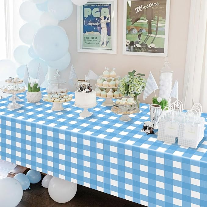 4 Pack Light Blue Gingham Tablecloths, Blue and White Checkered Tablecloths 86.6 x 51.2 Inches Rectangular Waterproof Picnic Table Covers for Birthday Party Holiday Outdoor Supplies