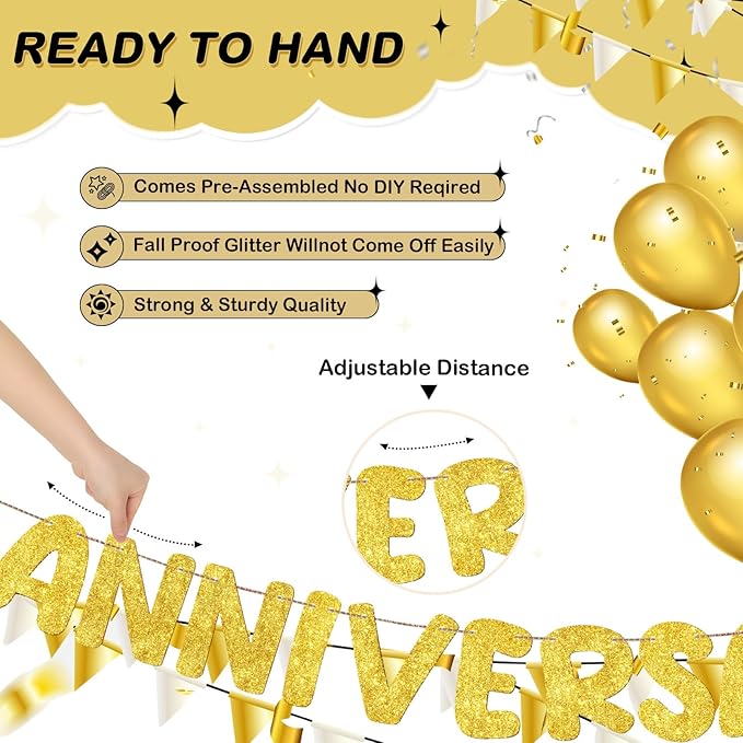 Fulmoon Happy Anniversary Banner Glitter Happy Anniversary Decorations Wedding Party Banner Romantic Decorations No DIY Pre-strung for Wedding Party Birthday Door(Gold)