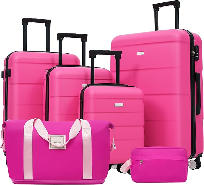 6 Pcs ABS Hardshell Luggage Sets Spinner Wheel Suitcase Lock Suitcases Black Pink