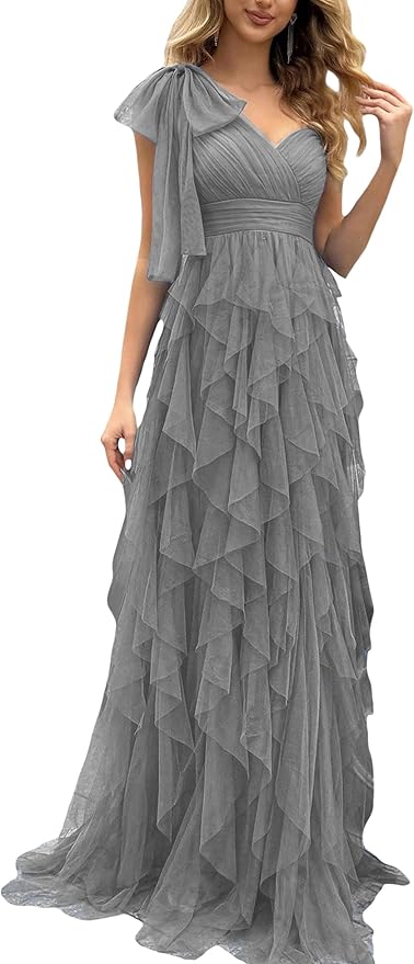Summer Women Tulle Prom Dress Elegant Bow One Shoulder Slit Evening Party Gown Wedding Guest Bridesmaid Maxi Dress