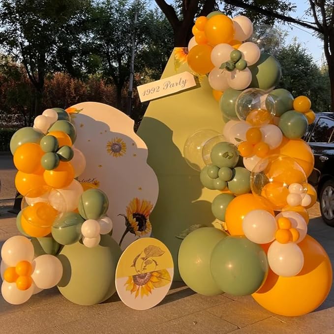 Sage Green Orange Balloon Arch Kit, 141Pcs Pea Green Orange Pastel Yellow Sand White and White Latex Balloons for Birthday Wedding Baby Shower Gender Reveal Anniversary