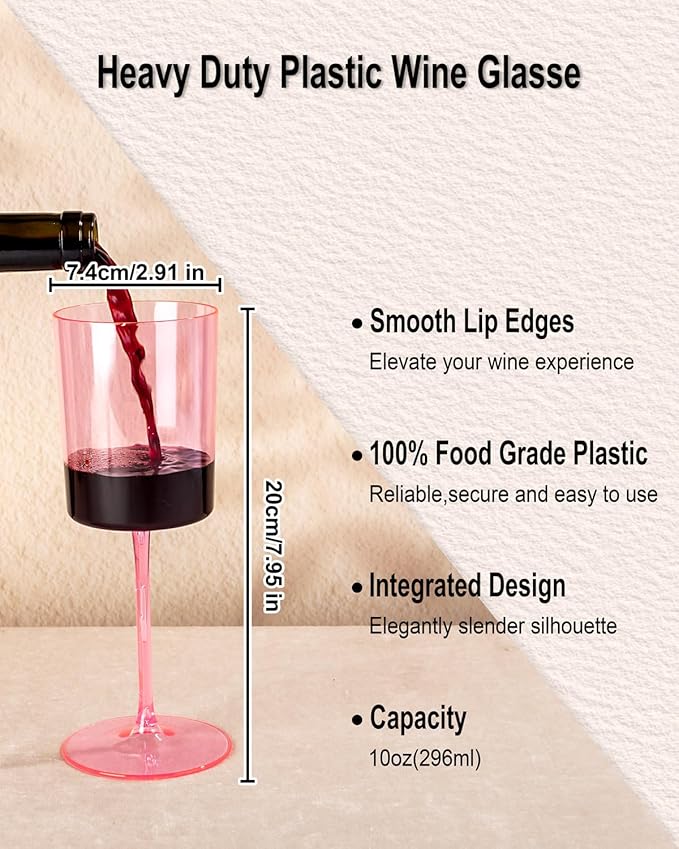 Ciaell 12 Pack Pink Plastic Wine Glasses - 10 Oz Disposable Wine Glasses with Stem for Parties & Weddings & Poolside & Outdoors & Camping & Easter