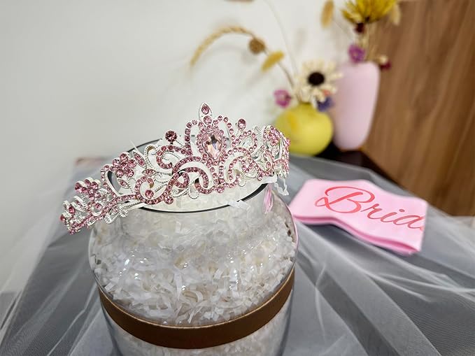 JETKONG 3 Pcs Bachelorette Party Decorations Bridal Shower Crown, Bride to Be Sash&Veil for Women Bachelorette Party Gifts, Bachelorette Party Supplies, Gifts, Favors (Pink)