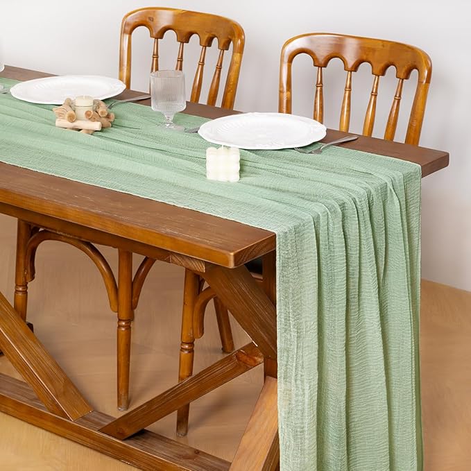 Socomi Sage Green Cheesecloth Table Runner Gauze Easter Spring 120 Inch Rustic Boho Cheese Cloth Runner for Wedding Party Baby Bridal Shower Centerpiece Decoration Holiday Home Decorations