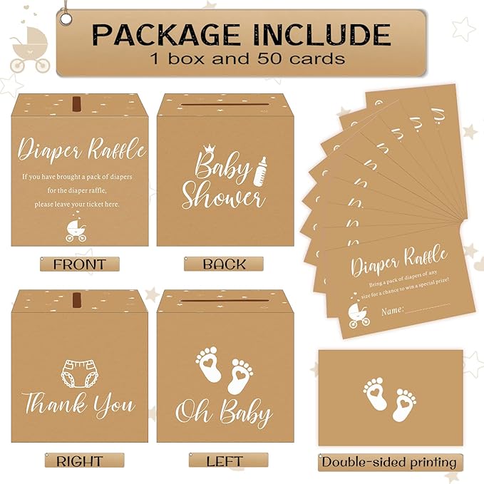Funrous 51 Diaper Raffle Tickets with Box for Baby Shower Game Invitations Diaper Raffle Card for Gender Reveal Baby Shower Party Decoration Table Centerpiece(Brown Color)