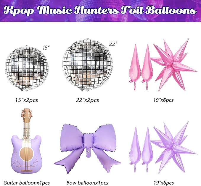 JOGAMS 171Pcs Kpop Balloons Arch Kit, Idol Stage Style Pink Purple Silver Disco Balloon Garland with Bow Guitar Star Music Note Foil Balloons for K-Pop Music Disco Theme Birthday Concert-Style Stage