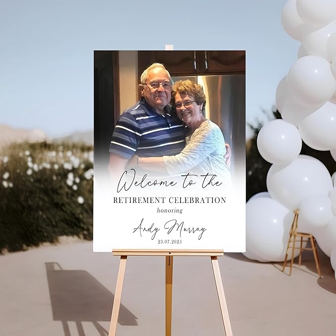 Personalized Retirement Party Welcome Sign - Custom Elegant White Retirement Celebration Party Decor - Customizable Name & Date - Multiple Sizes