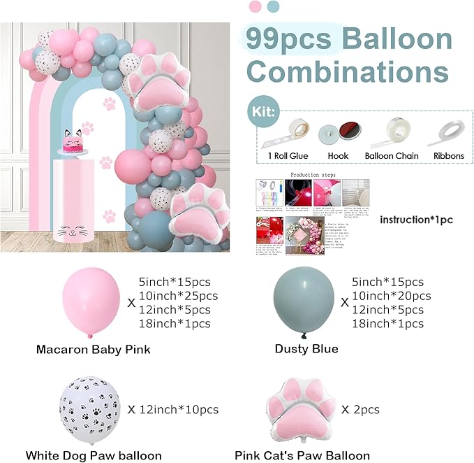 Balloon Combination,99 PCS Dusty Blue Pink Cat Theme Party Balloons Garland Kit with Cat Paw Foil Balloon Arch Kit for Birthday Baby Shower Party Wedding Home Party Summer Party Decorations