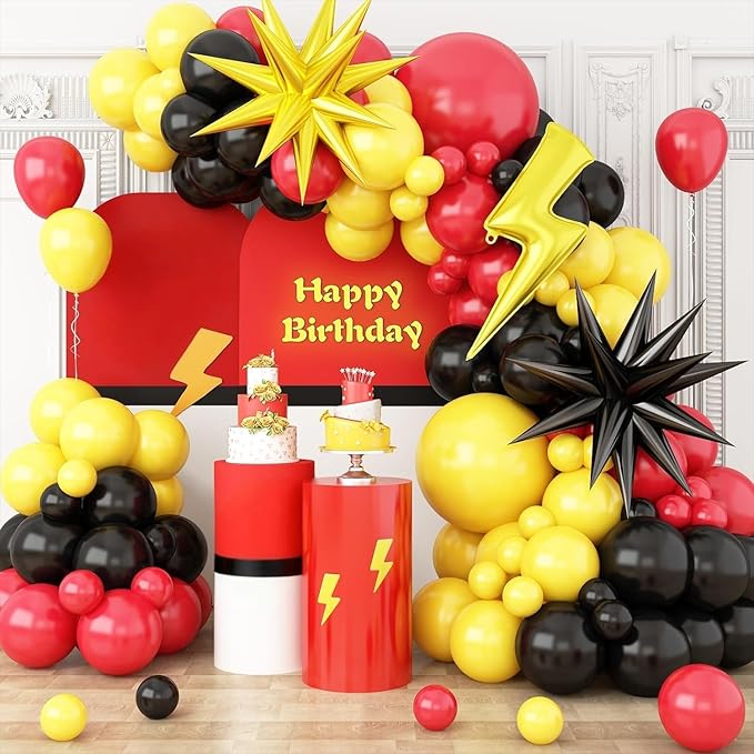 Red Black Yellow Balloons Arch Garland Kit, Cartoon Birthday Party Balloons with Lightning Star Balloons for Cartoon Theme Birthday Baby Shower Party Decor