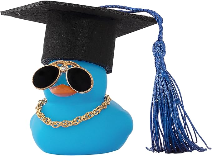 wonuu Car Dashboard Decor Graduation Hat Color Rubber Duck, Car Ducks Ornaments with Mini Graduation Hat Necklace Sunglasses (Blue)