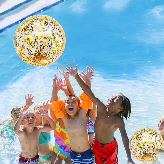 12 Pack Inflatable Glitter Beach Balls Bulk - 16" Beach Ball Swimming Pool Toys for Games Adults Kids, Summer Pool Beach Party Decoration,Luau Decorations Essential Blow Up Beach Ball (Gold,Glitter)
