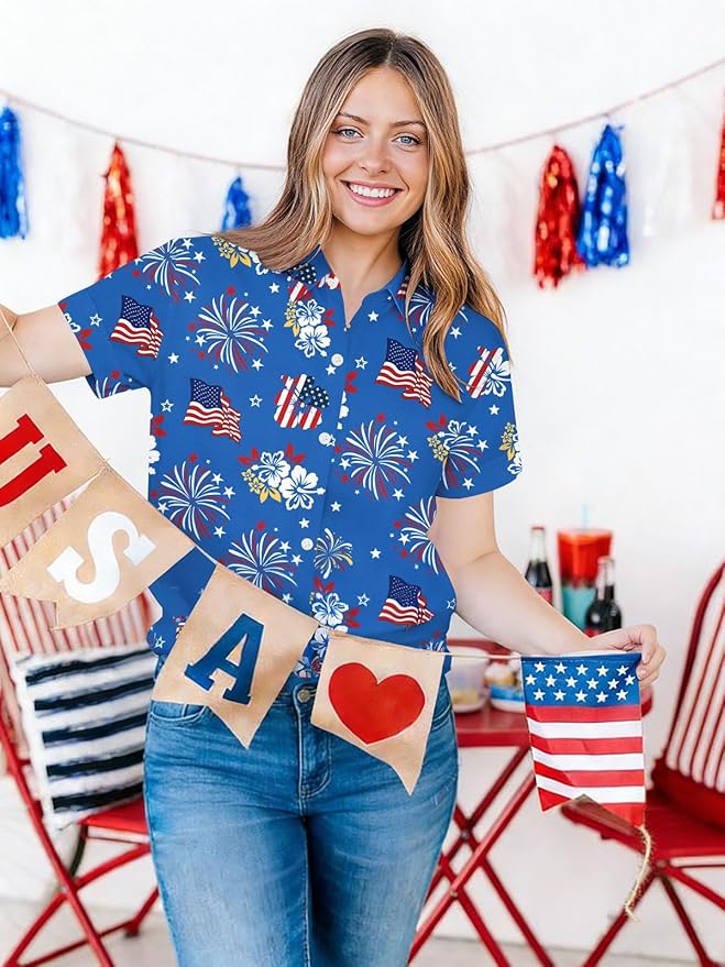 4th of July Shirts Women American Flag Patriotic Shirt Independence Day Short Sleeve Button Down Outfits
