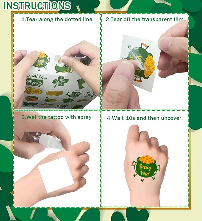 St. Patrick's Day Temporary Tattoos for Kids & Adults, 120 Irish Shamrock, Leprechaun, Gold Coins, Beer Mug Designs Waterproof & Easy to Apply Party Favors for Parade, School, Photo Booth, Cosplay