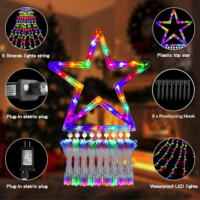 Christmas String Lights Outdoor Decoration 9 Strands 11ft 317 LED Star Fairy String Lights 8 Modes & Waterproof for Party Wedding Patio Yard New Year Holiday Indoor Outdoor - Multicolor