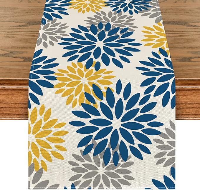 Artoid Mode Blue Dahlia Floral Pinnata Summer Table Runner, Spring Kitchen Dining Table Decoration for Home Party Decor 13x120 Inch
