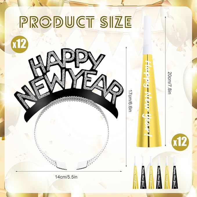 Shappy 24 Pcs 2026 New Year Party Supplies Happy New Year Headband Horn Sounder Noisemakers Eve Party Decorations
