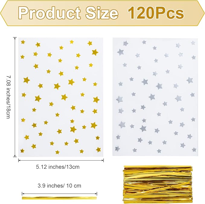 Aegero 120 Pack Star Printed 5"X 7" Gift Wrap Cello Cellophane Treat Bags,Gift Candy Goodies Bags with 140 Pcs Twists for Valentine,Birthday,Bakery,Wedding,Gift Cookie Snack Packing,Party Favor Supplies(Silver Star)