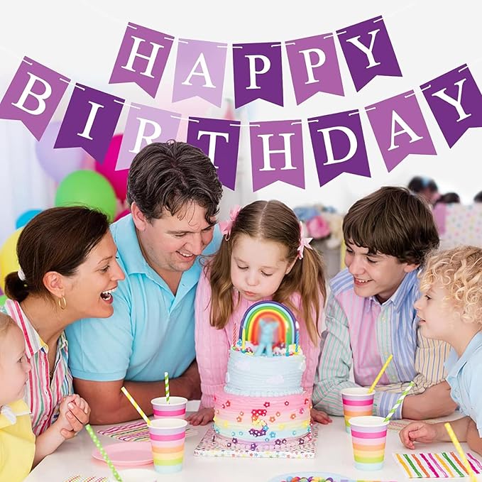 Purple Happy Birthday Banner Sign Happy Birthday Bunting Banner Garland for Kids Girl Woman Birthday Tea Party Decorations Bunting Flag Birthday Party Supplies
