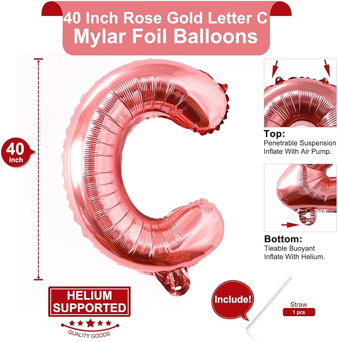 Lovoir 40 Inch Large Rose Gold Letter C Balloons Big Size Jumbo Mylar Foil Helium Balloon for Birthday Party Celebration Decorations Alphabet Rose Gold C