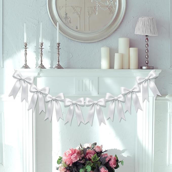 2 Strings of 16PCS White Bow Garlands Banner Decoration,Pre-Strung Satin Ribbon Ornaments for Birthday,Bachelorette Party,Bridal Shower,Wedding,Engagement,Baby Shower, Graduation Decor,Anniversary