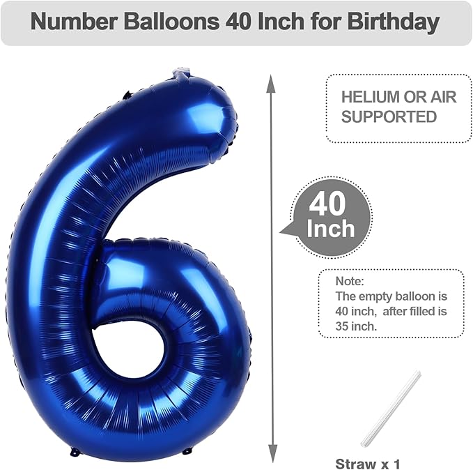 6 Birthday Decoration, 40 Inch Foil Big Balloon for Men And Women, Navy Blue Balloons for 6, 16, 26, 60, 2026 Graduation, Birthday, Wedding Anniversary, Xmas, Party Supplies