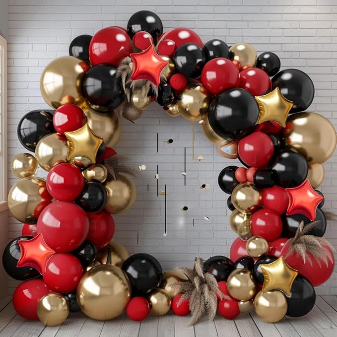 Red Gold Black Balloon Garland Arch Kit, 160Pcs Black Red Gold Latex Balloons with Star Foil Balloons for Anniversary Casino Night New Years Hollywood Movie Night Birthday Party Decorations