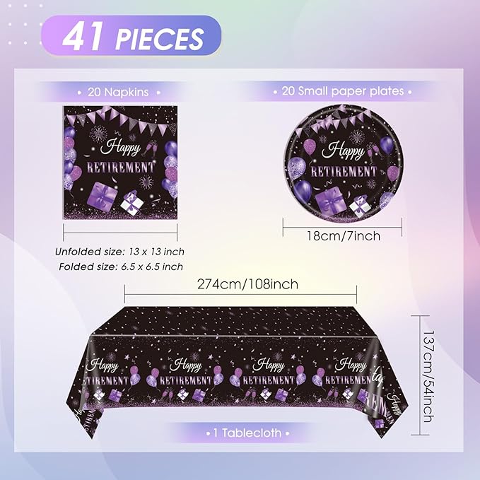 41PCS Purple Retirement Party Decorations Happy Retirement Plates and Napkins Table Cloth Disposable Tableware Kit for Women Say Goodbye Party Supplies
