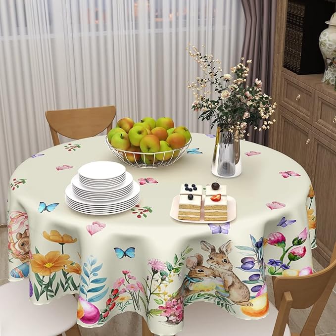Easter Tablecloth Round 60 Inch Spring Floral Tablecloth Farmhouse Bunny Easter Table Cloth for Dining Room Kitchen Holiday Picnic Party Indoor or Outdoor Decor