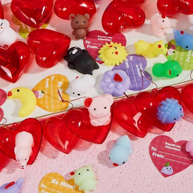 JOYIN 28 PCS Mochi Squishy Toys with Valentine Cards and Filled Hearts Party Favors for Kids Valentine Gifts Classroom Exchange, Kawaii Stress Relief Toy for Valentine’s Day Gift Exchange, Game Prizes