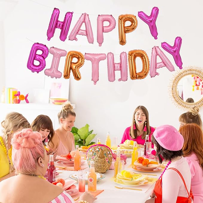 TONIFUL Happy Birthday Balloons Banner 16 Inch Mylar Foil Letters Birthday Sign Reusable for Girls Boys Kids & Adults Birthday Party Decorations Supplies（Hot Light Pink Orange）