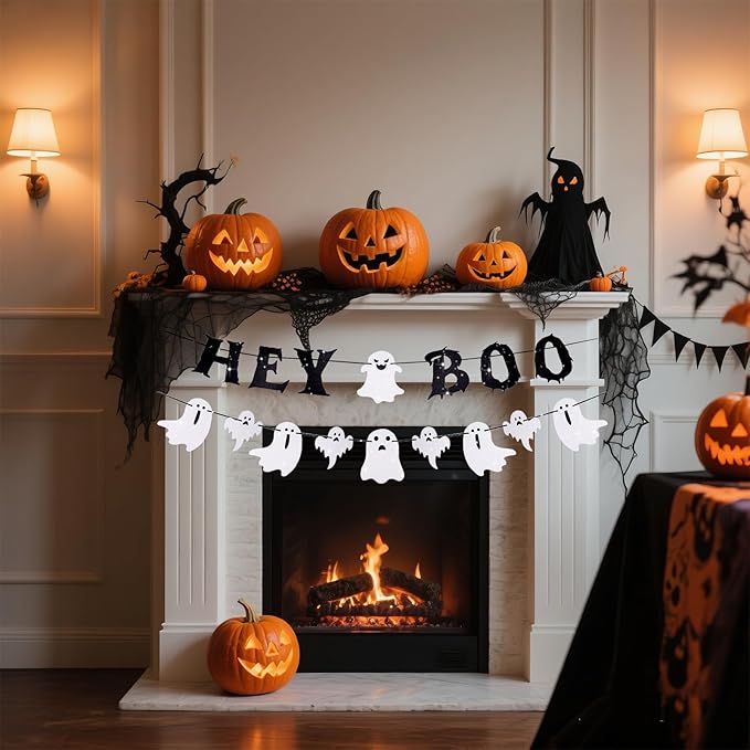 Ghost Banner Hey Boo Halloween Decorations, Pre-Strung Glitter Halloween Banner Indoor, Happy Ghost Boo Decorations for Mantle Wall Mantel Fireplace Office Home Props Supplies