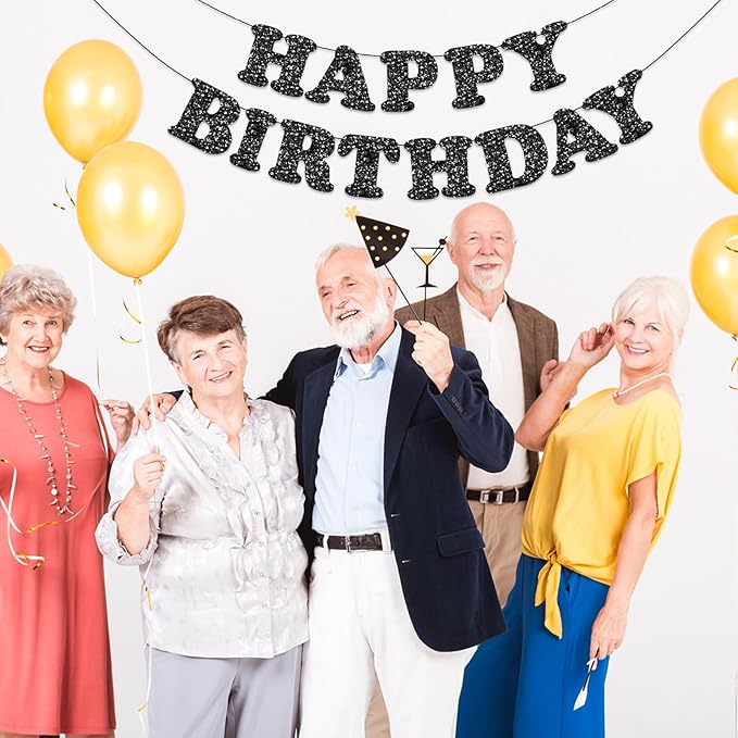 Glitter Black Happy Birthday Banner Birthday Party Decorations Sign Garland Bunting Banner for Wall Decor Party Background for Kids Boys Girls Adults