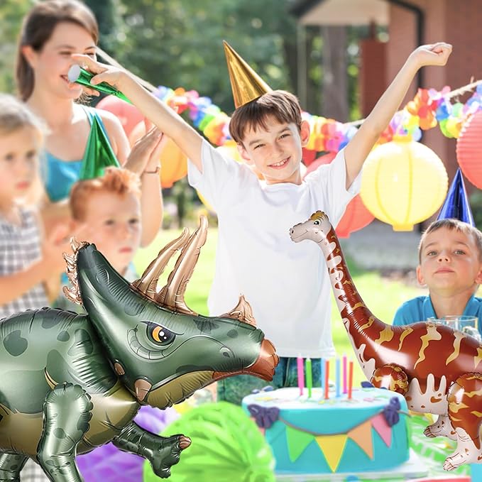 38inch Large Dinosaur Balloons, 3pcs Dinosaur Birthday Decorations Self Standing Triceratops Brachiosaurus Double-crowned Dragon Balloons for Birthday Party Decoration Kit Party Supplies
