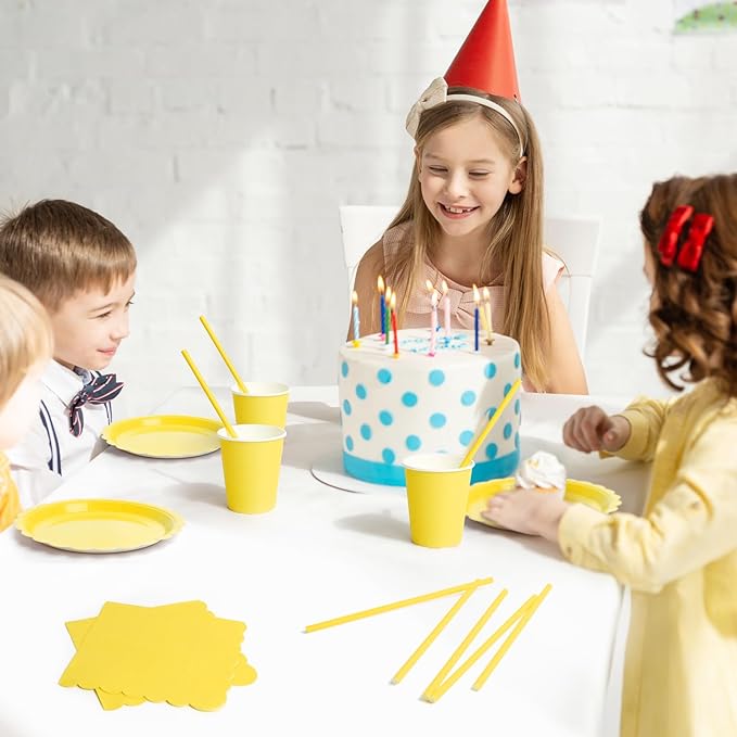 168PCS Party Plates, Scalloped Gingham Paper Plates and Cups and Napkins Sets Party Supplies for Birthday Wedding Bridal Shower Baby Shower Picnic, Serve for 24 Guests (Yellow Scalloped)