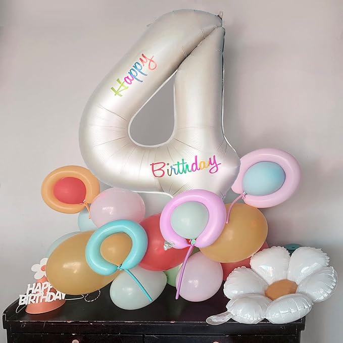 Number 4 Balloons White Sand Four Balloon for 4 Year Old Birthday Decorations 40 Inches Cream White Large Numbers 4th Birthday Party Nude Ballons Beige 4 Digital Neutral Balloon Pearl White 4