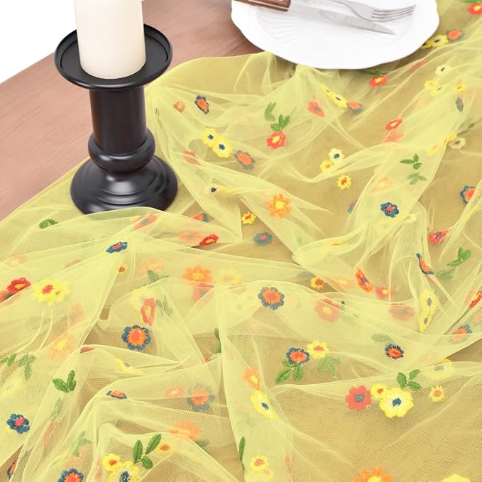 Joanlody 3pcs Yellow Embroidery Daisy Spring Summer Table Runner Florals Seasonal Easter Tulle Table Runner Holiday Kitchen Dining Table Decoration Wedding Party