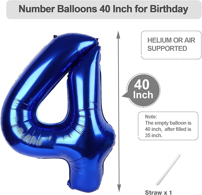 Number 4 Balloons, 40 Inch Foil 4 Balloons for Birthday Party Decoration, Navy Blue Number 4 Ballon for 4, 14, 24, 40 Celebration, Birthday, Christmas, Anniversary Decor