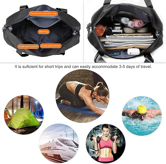 Large Capacity Folding Travel Bag, Lightweight Waterproof Luggage Bag, Expandable Travel Duffel Bag, Dry Wet Separated Gym Tote Bag, Weekender Overnight Bag for Women and Man (Black)