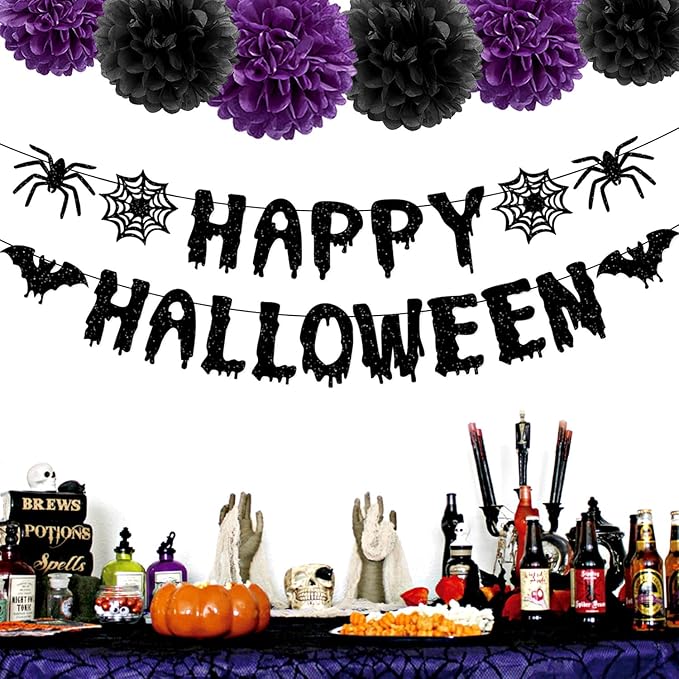 Purple Black Happy-Halloween Party Decorations - 13PCS Spider Web Bats Streamers Banner ,Paper Flowers Lanterns Tissue Pom Poms Fans, Classroom Birthday Bachelorette Hanging Supplies Decor Hugfond