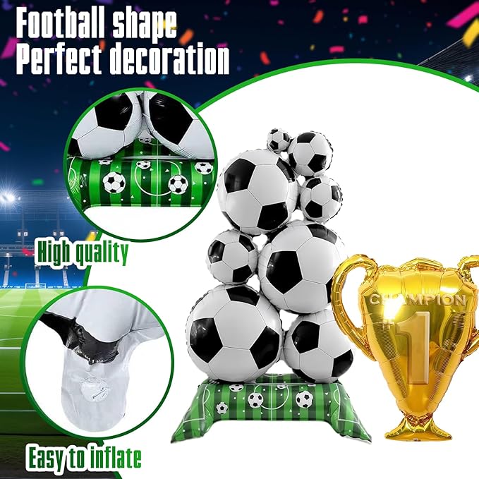 Soccer Balloons 3-Pack - Giant Self Soccer Ball Balloons with Trophy | Soccer Party Decorations for Sports Themed Birthday, World Cup Party Supplies for Boys Men