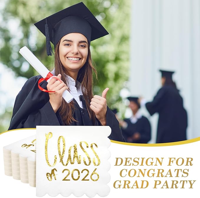 100 Pcs Class of 2026 Graduation Cocktail Napkins 5 x 5 Inch Congrats Grad Scalloped Paper Napkins for Dinner Beverage Graduate Decorations(Gold)