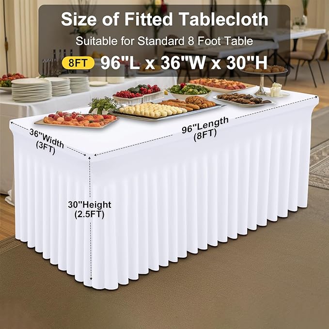 Smiry Spandex Tablecloth, Elastic Fitted Stretch Tablecloth for 8FT Rectangle Tables, Waterproof Washable Table Cover Skirt for Outdoor, Wedding, Banquet & Parties (White, 96Lx36Wx30H Inch)