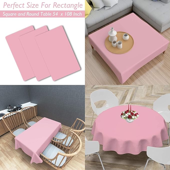 Childom 3 Pack Plastic Tablecloths for Rectangle Tables 54" x 108" Pink Disposable Table Cloths for 6 to 8 Foot Valentines Day Table Cloth Indoor Outdoor Parties Birthday Wedding Christmas Anniversary