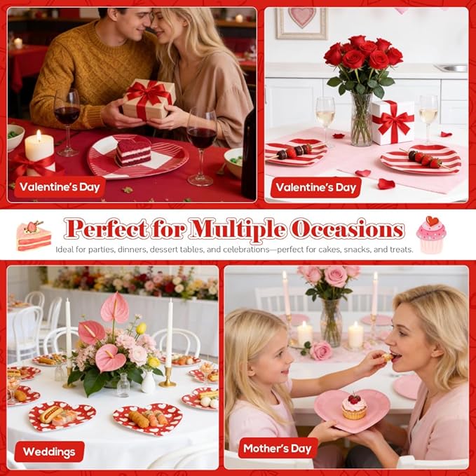 48 Pack 9 Inch Heart Shaped Paper Plates for Mother's Day & Valentine’s Day, Disposable Pink & Red Party Plates, 4 Designs for Wedding, Anniversary, Galentine’s Day Party Supplies
