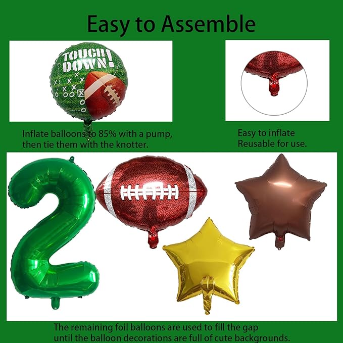 Football Balloons Foil Football Birthday Decorations Balloons Green Number 2 Balloon Gold Brown Star Touchdown Ballons for Rugby Birthday Decorations Sports Ballons Arch Kits Party Balloon Sets 9pcs